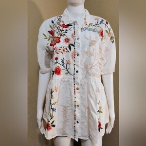 Johnny Was Floral Embroidered Button Up Blouse